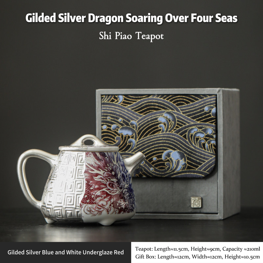 Théière Shi Piao Dragon Argent Doré – Rouge sous Couverte Bleu et Blanc