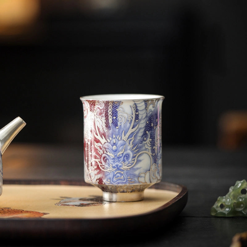 Gilt Silver Dragon Master Cup (Blue-and-White) -(Underglaze Red) | Zhuren Bei