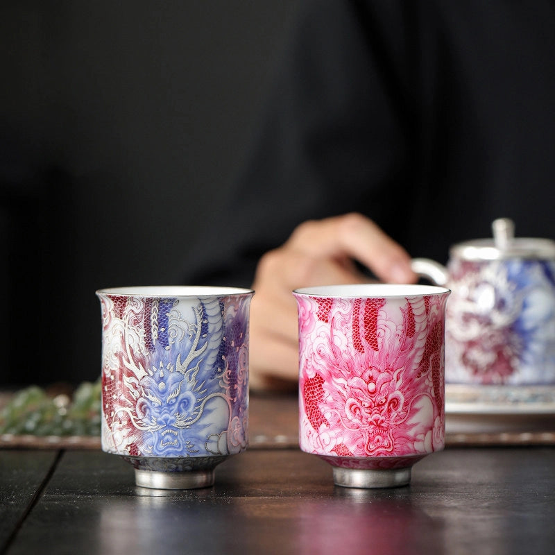 Gilt Silver Dragon Master Cup (Blue-and-White) -(Underglaze Red) | Zhuren Bei