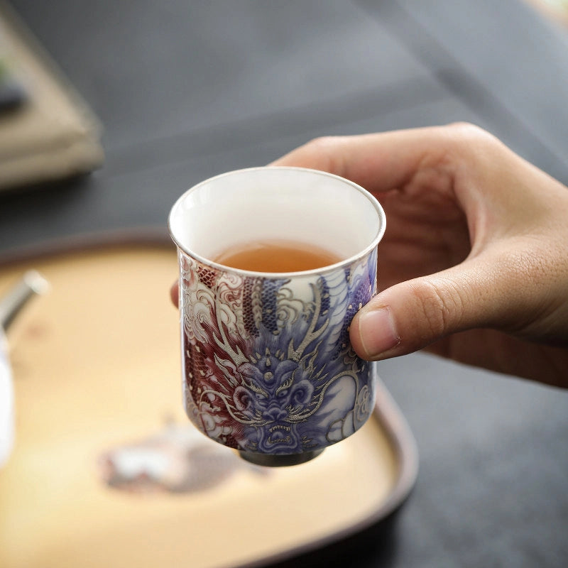 Gilt Silver Dragon Master Cup (Blue-and-White) -(Underglaze Red) | Zhuren Bei