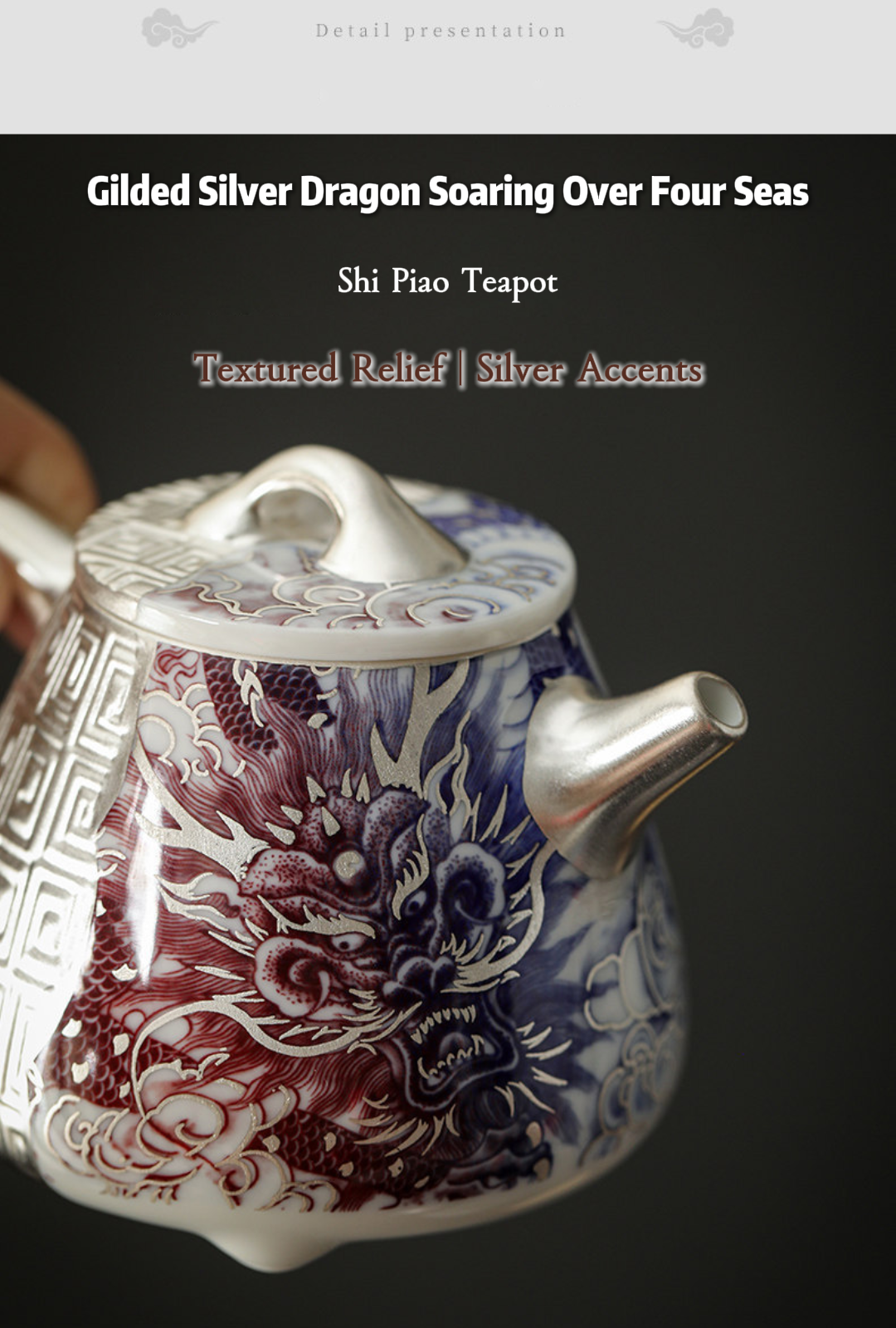 Théière Shi Piao Dragon Argent Doré – Rouge sous Couverte Bleu et Blanc