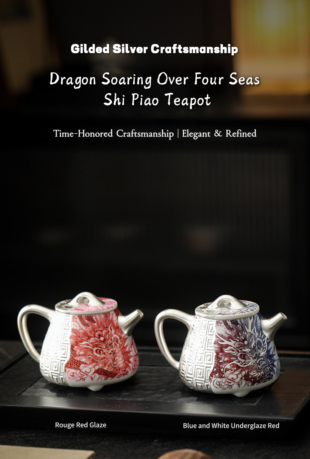 Théière Shi Piao Dragon Argent Doré – Rouge sous Couverte Bleu et Blanc