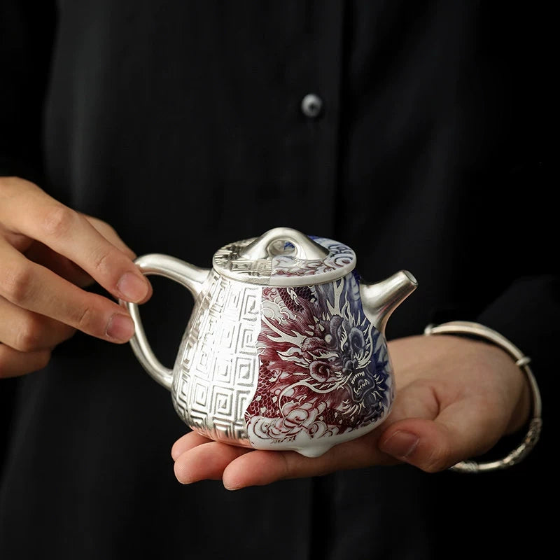 Gilt Silver Dragon Shi Piao Teapot(Blue-and-White | Underglaze Red)