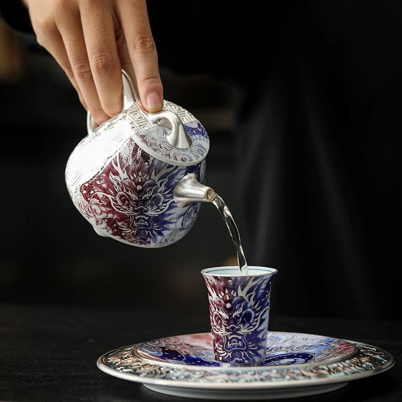 Gilt Silver Dragon Shi Piao Teapot(Blue-and-White | Underglaze Red)