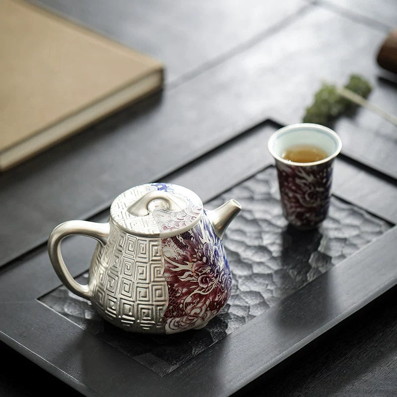 Gilt Silver Dragon Shi Piao Teapot(Blue-and-White | Underglaze Red)