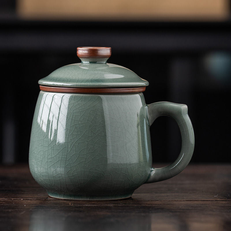 Ru Kiln Celadon Tea Cup with Built-In Infuser | Crackle Glaze | 400ml | Sky Blue & Peacock Green