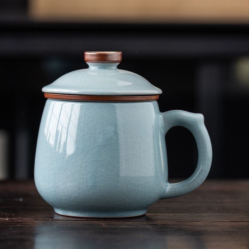 Ru Kiln Celadon Tea Cup with Built-In Infuser | Crackle Glaze | 400ml | Sky Blue & Peacock Green