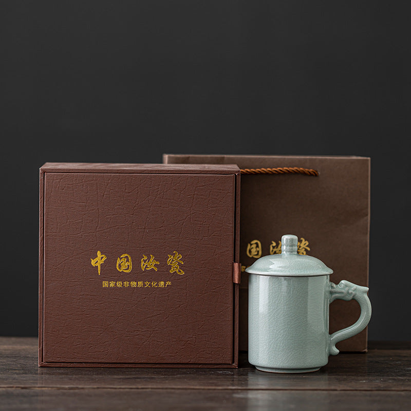 Tasse individuelle en porcelaine Ru | Glaçure craquelée effet glace • Tache de thé vieillie • Anse dragon • Style dynastie Song