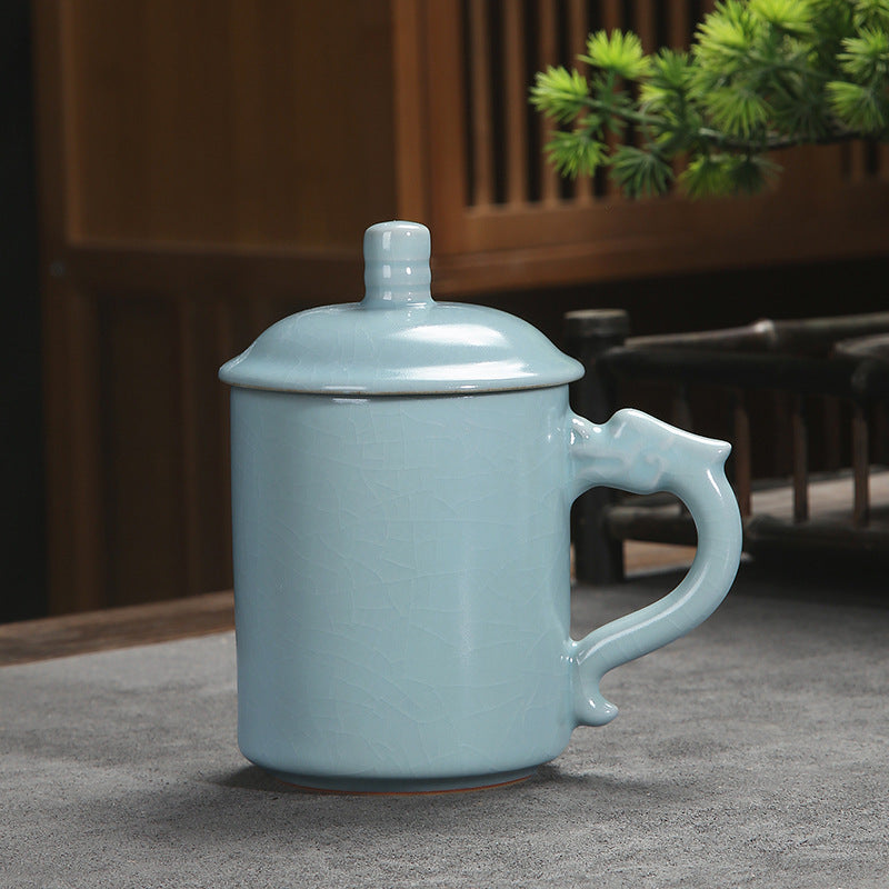 Tasse individuelle en porcelaine Ru | Glaçure craquelée effet glace • Tache de thé vieillie • Anse dragon • Style dynastie Song